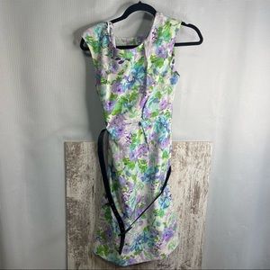 Emma & Michele Green Floral Spring Pastel Belted Sheath Dress Size 6